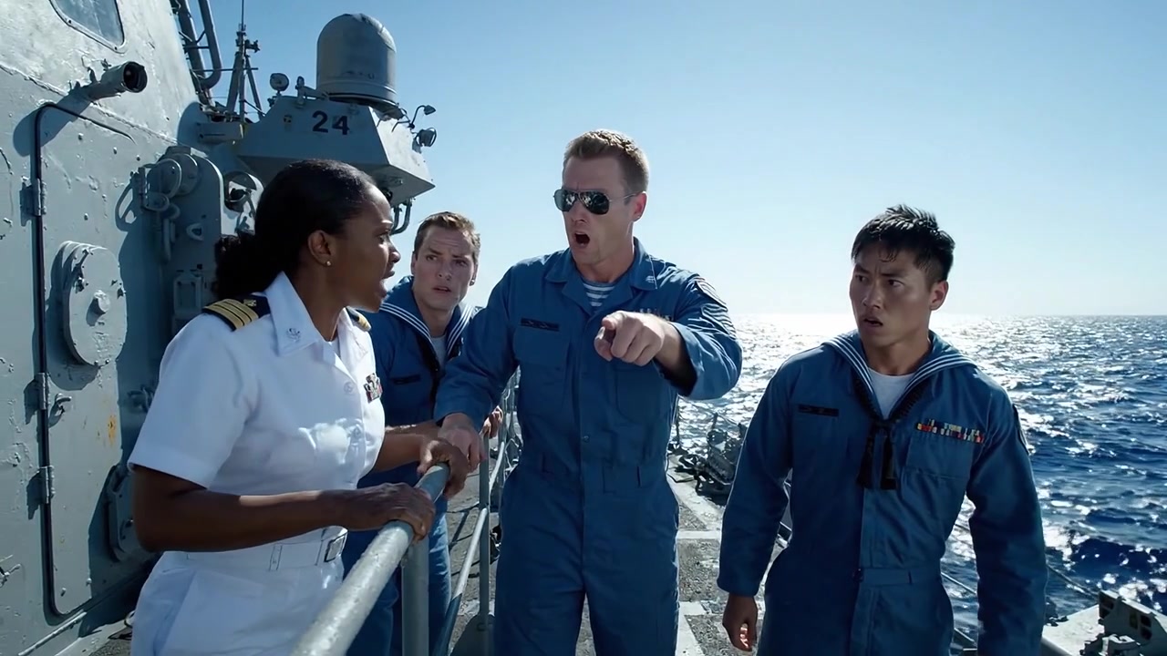 L'Equipaggio Osserva le Onde dell'Oceano dal Ponte della Nave Mentre Indica l'Orizzonte, Impegnato in una Discussione Attiva sulle Sfide di Navigazione e le Misure di Sicurezza