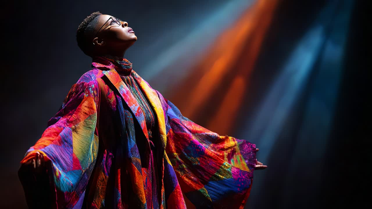 A Colorful Performance: A Captivating Moment Captured in a Dynamic Contrast of Light and Color, Featuring a Performer with a Stunning Outfit and Expressive Gesture