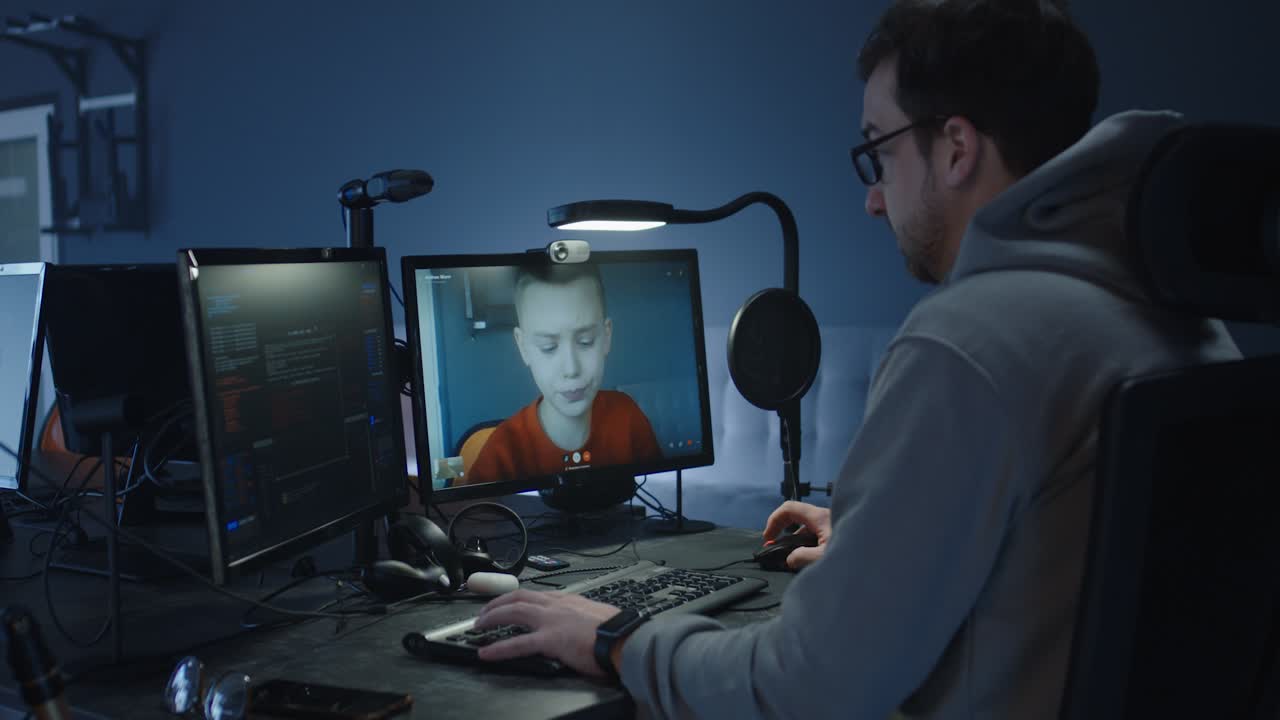 Man Having a Video Call with a Teenager While Coding