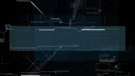 Animation-of-moving-markers,-data-processing-and-scope-scanning-and-flickering-in-fast-motion-on-bla