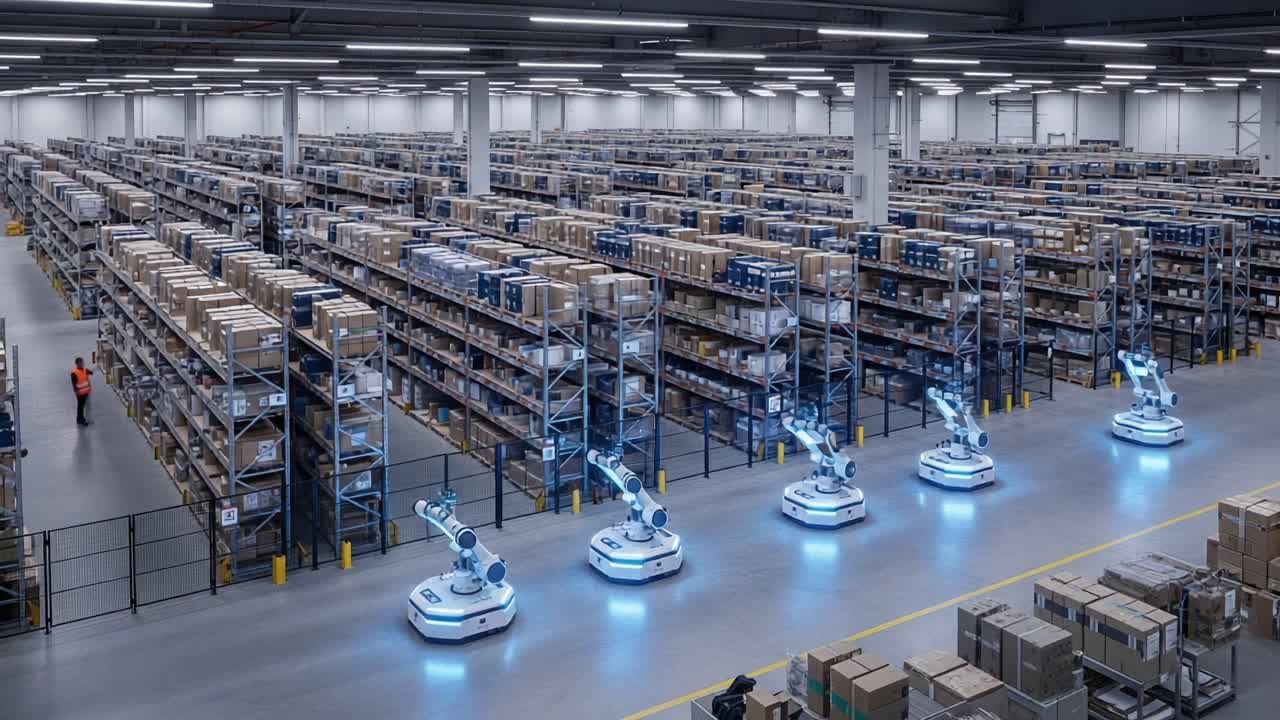An Advanced Warehouse Scene Featuring Robotic Automation: A Glimpse into High-Tech Inventory Management with Robotic Assistants Streamlining Operations