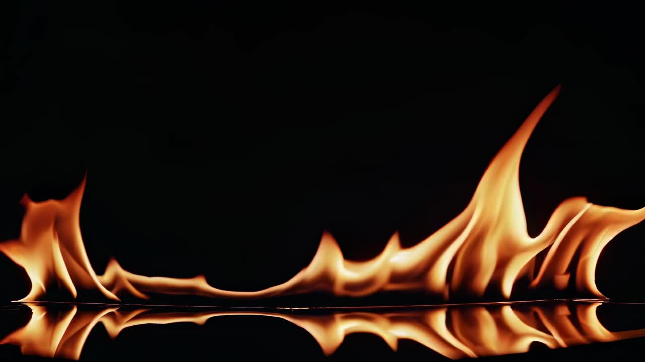 A low-angle video captures flames dancing across a reflective surface against a dark background