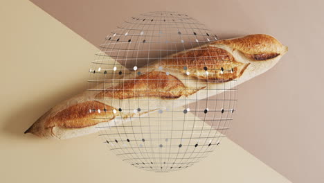 animation of baguette with geometric grid and dots on neutral background