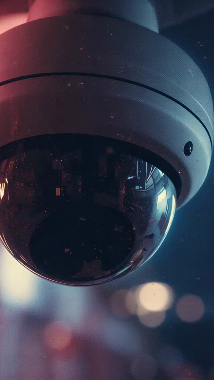 Vertical video: Monitoring dome security camera shifting glow after tilt in lobby, showing dust