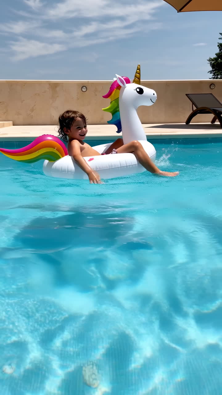 A young child having fun on a unicorn float in a swimming pool
