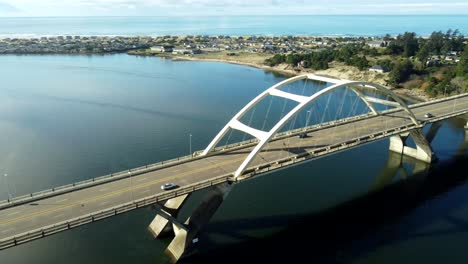 usa, or, waldport, alsea bay bridge, 2024-11-26 - drone view of the alsea bay bridge over the alsea river with bayshore on the opposite side