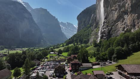 aerial - lauterbrunnen village with waterfalls and mountain views in switzerland