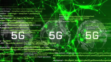연결 및 데이터 처리 네트워크에 대항하여 회전하는 지구상에서 5g 텍스트 배너의 애니메이션
