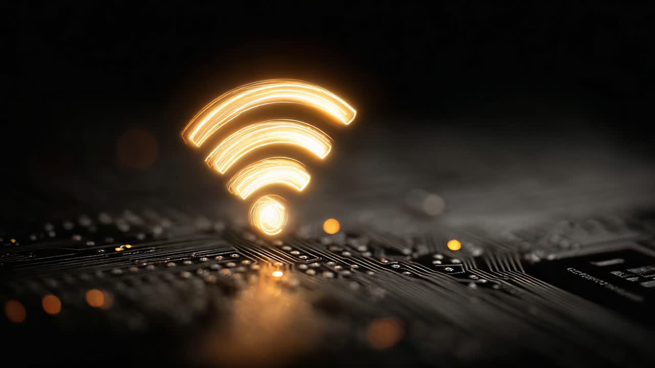Illuminated Wi-Fi Signal Over Circuit Board: A Representation of Connectivity and Digital Technology in Modern Electronics