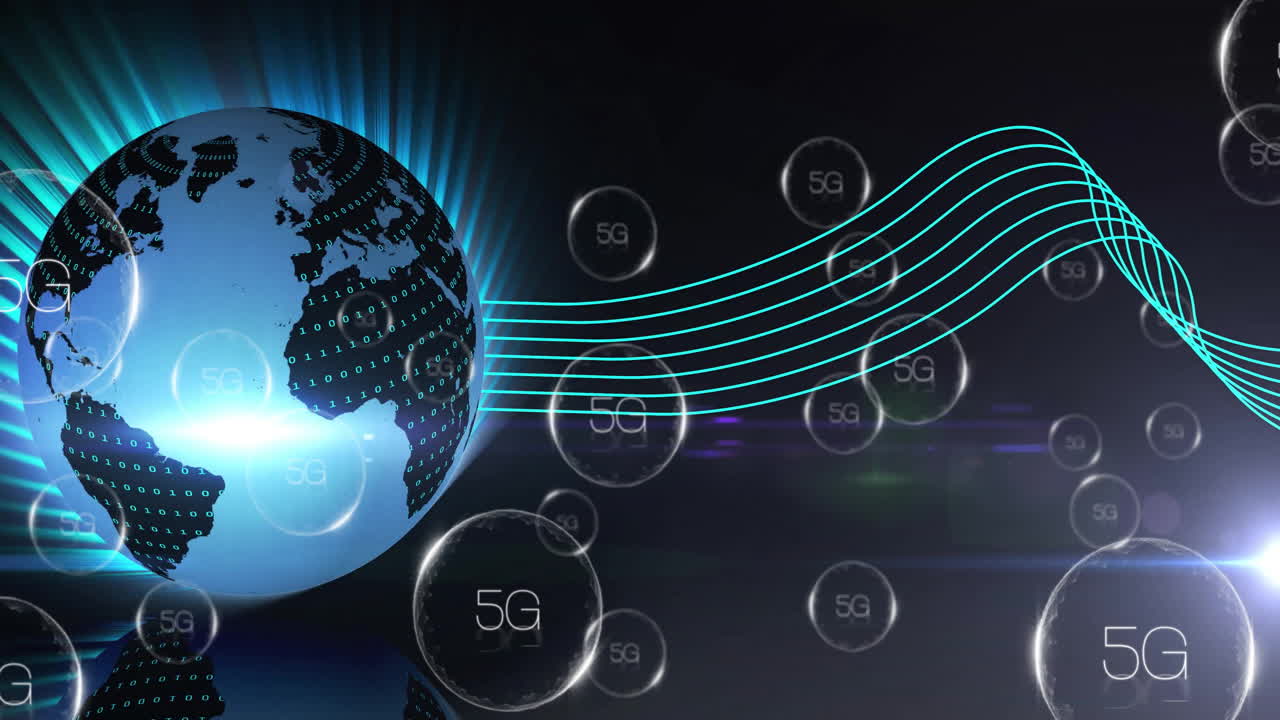 Animation of digital globe with 5G symbols and data waves in futuristic design