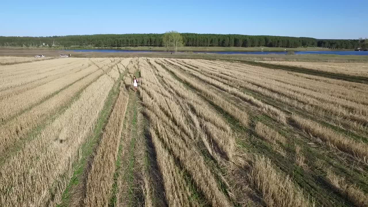 밀 을 가로질러 고 있는 여자