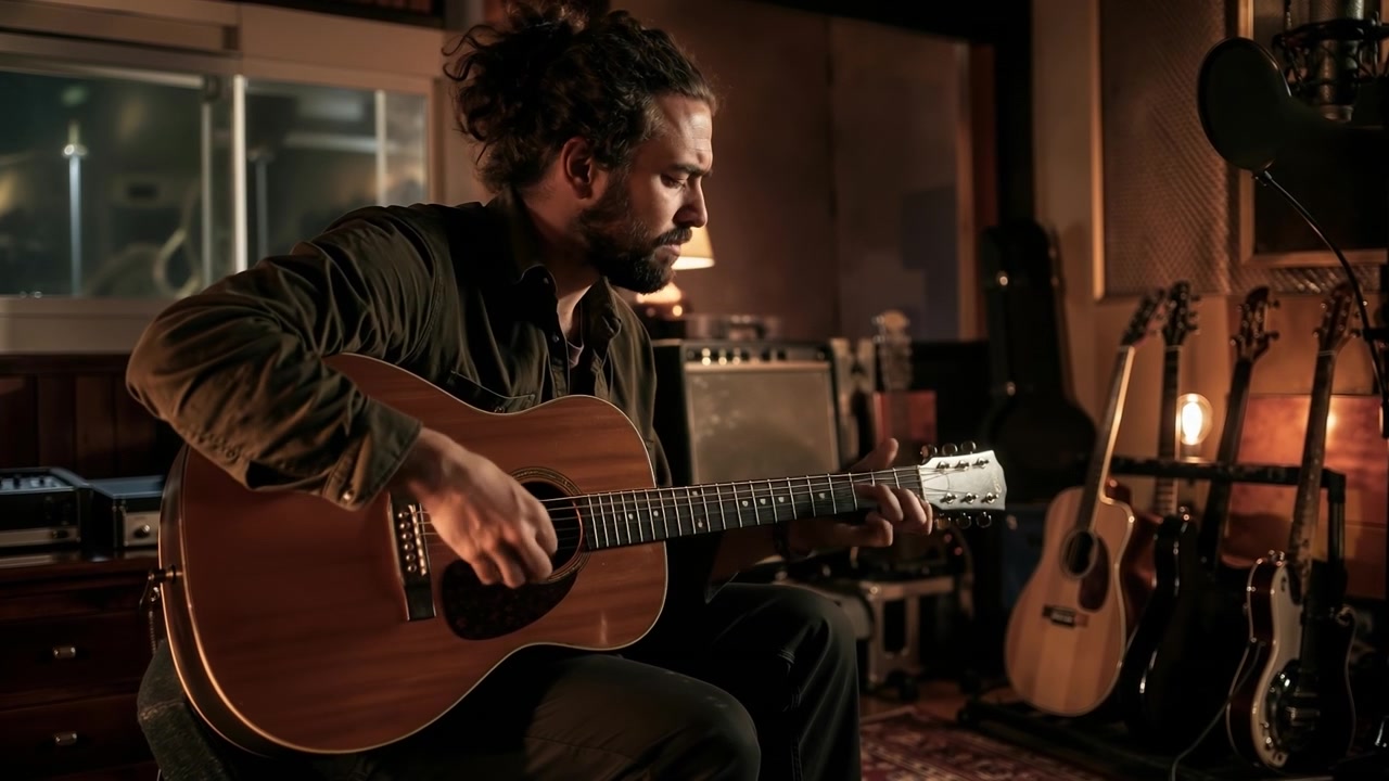 Mand med langt hår spiller akustisk guitar i et dæmpet oplyst musikrum om natten.