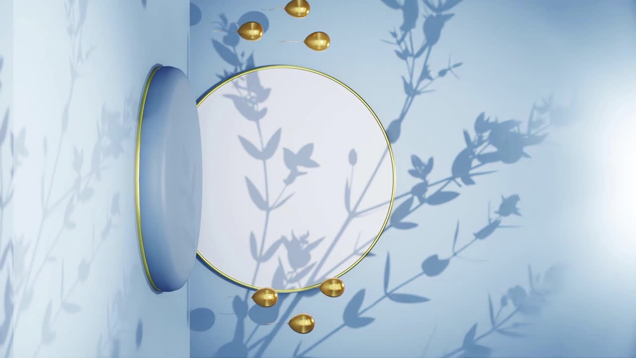 exhibición vertical de productos para joyas artículos de lujo con sombra de árbol movidos por una suave brisa sobre fondo azul tienda en línea de comercio electrónico vender descuento