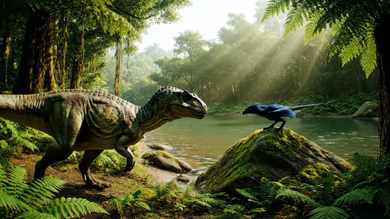 Dinosaur and Pterodactyl in a Prehistoric Forest