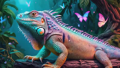 colorful iguana with butterflies