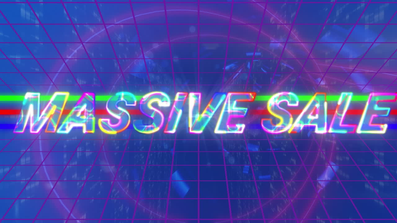 파란색 배경에 대규모 판매 텍스트와 모양의 애니메이션