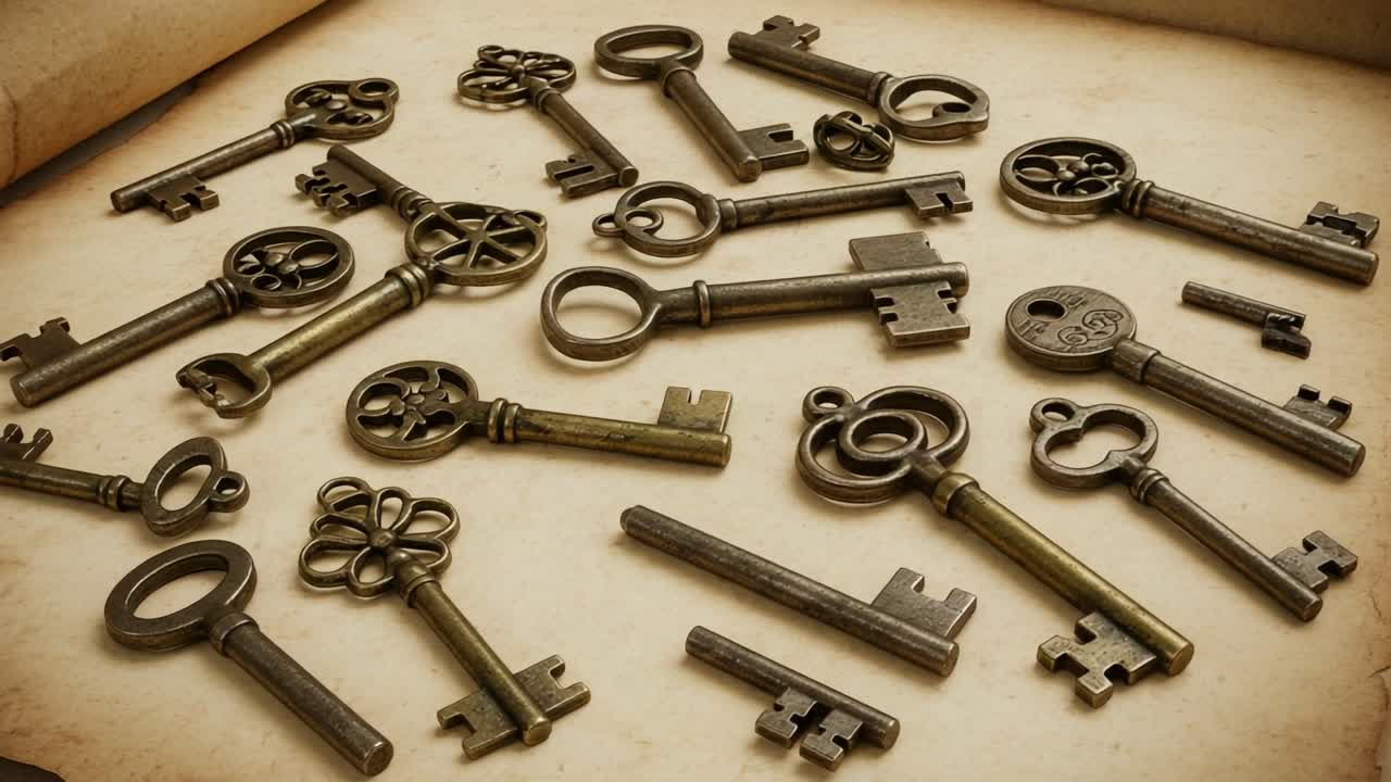 A Diverse Collection of Antique Keys Arranged Neatly on Vintage Paper, Showcasing Various Designs and Intricate Patterns in a Captivating Display of History and Craftsmanship