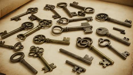 a diverse collection of antique keys arranged neatly on vintage paper, showcasing various designs and intricate patterns in a captivating display of history and craftsmanship