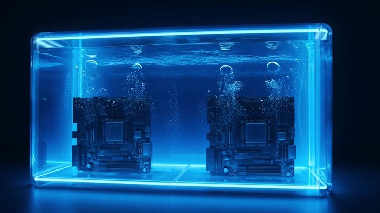 Computer Motherboards Under Liquid Cooling with Glowing Blue Light