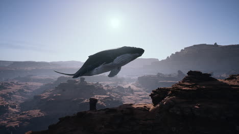 a whale flying over a desert canyon