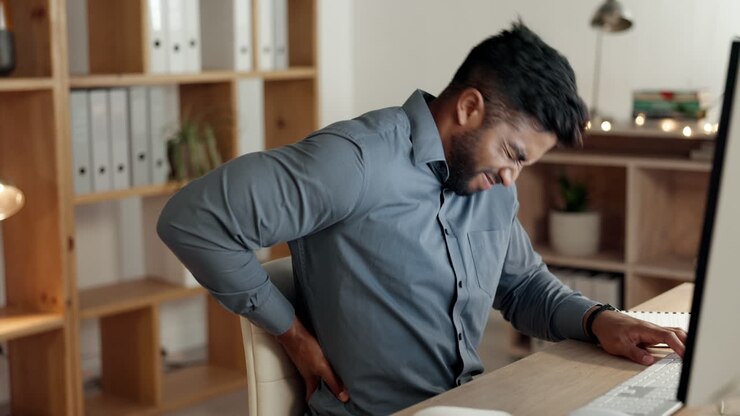 Business, back pain and man with stress