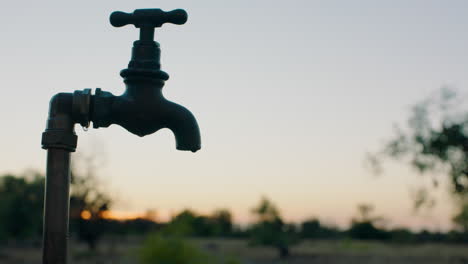 Wasser-Tropft-Aus-Dem-Wasserhahn-Auf-Einem-Ländlichen-Bauernhof-Bei-Sonnenuntergang.-Süßwasser-Tropft-Aus-Dem-Wasserhahn-Im-Freien,-Was-Zu-Wasserknappheit-Und-Dürre-Auf-Dem-Ackerland-Führt