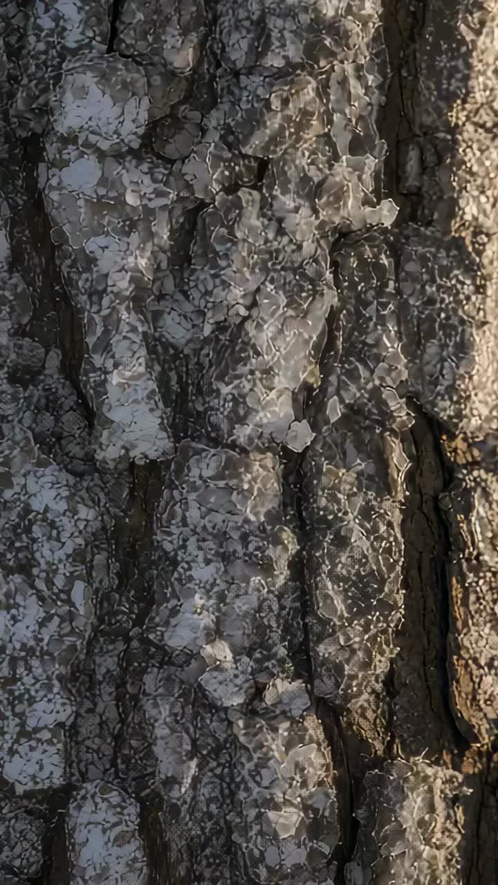 Vertical video: Shifting camera drifting upward left on tree bark close-up, revealing sunlit lichen