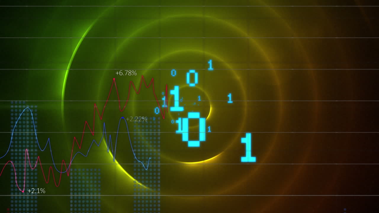 Animation of binary coding and data processing over green circles