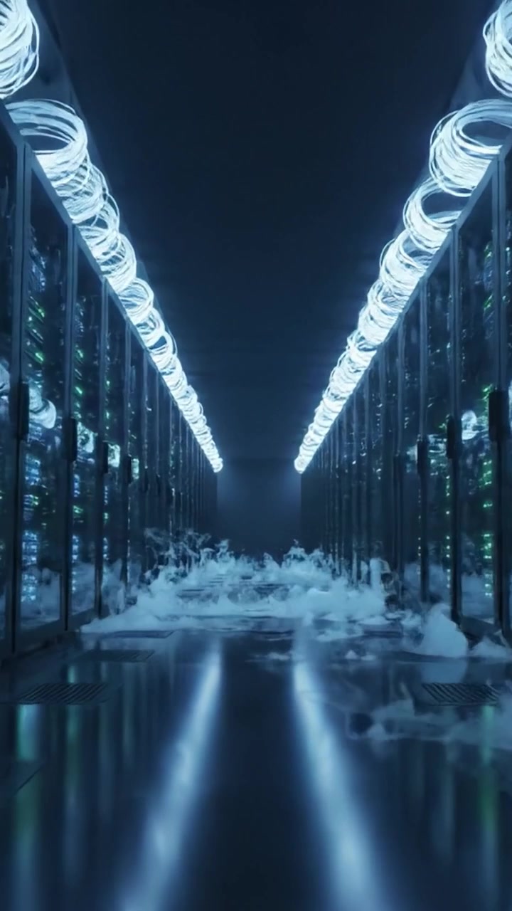 A Futuristic Data Center Filled with Vapor and Neon Lights, Showcasing High-Tech Server Racks and an Atmosphere of Innovation and Efficiency