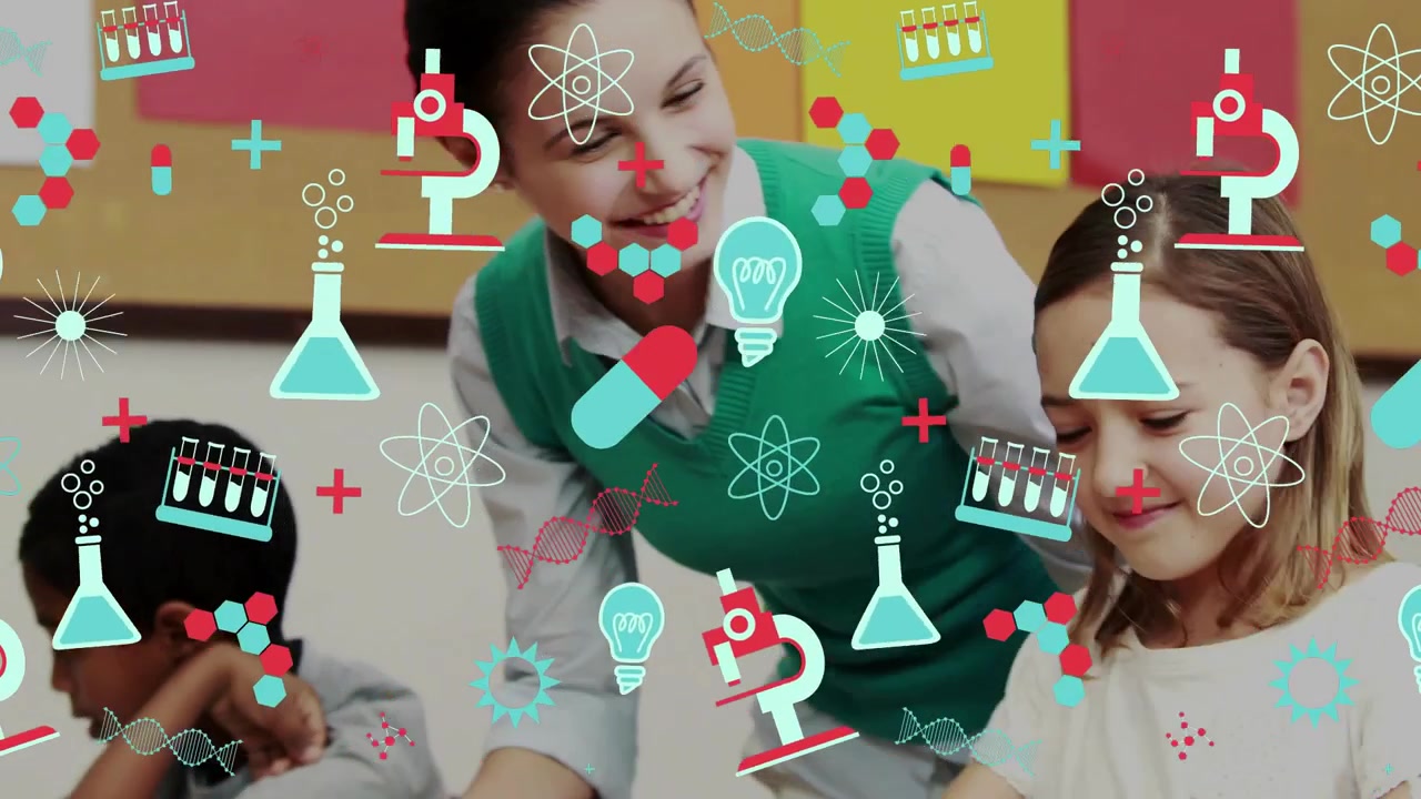 Girl writing pencil starting science icons animating in classroom, teacher leaning offering apple