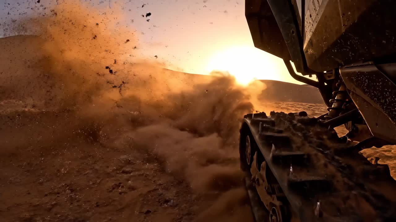 Off-Road Vehicle on Sand Dunes at Sunrise