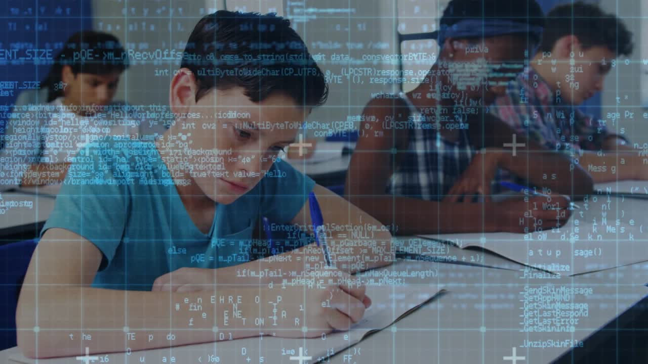 Boy in teal tee writing after teacher prompt, finishing classwork using blue pen, grid tracing pen