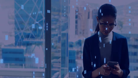 animation of circuit board with data processing over asian woman using smartphone