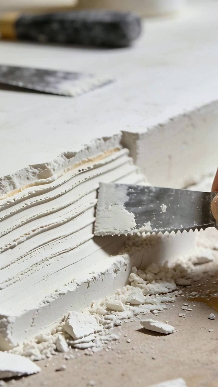 Vertical video: Metal scraper contacting plaster on table while hand scoring grooves, making ridges
