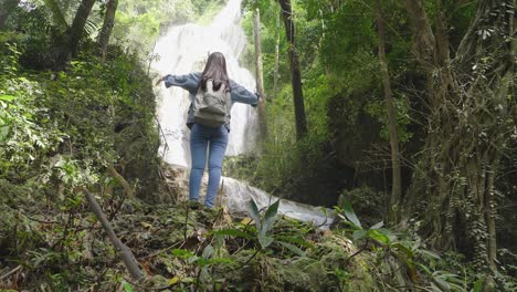 woman enjoying a waterfall in the jungle