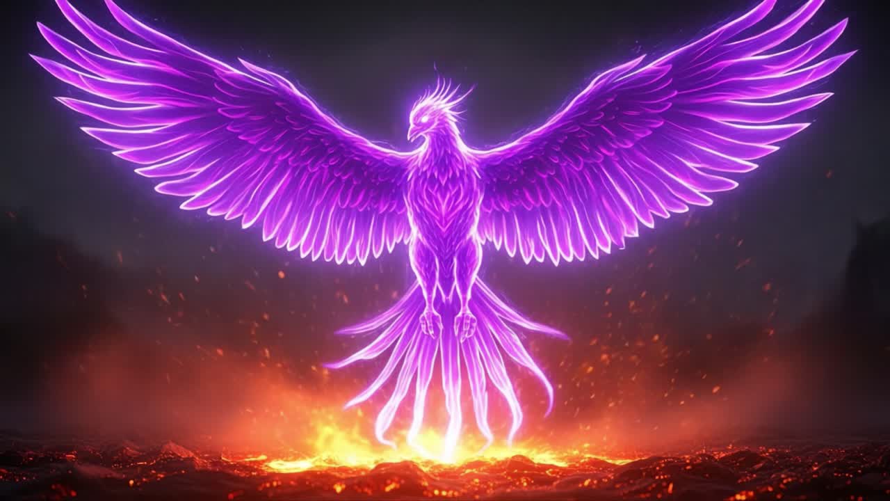 A Majestic Phoenix Rises from Ashes with Illuminated Wings in Vibrant Pink and Purple Hues Against a Fiery Background, Symbolizing Rebirth and Transformation