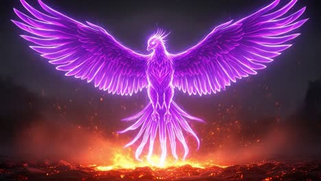 a majestic phoenix rises from ashes with illuminated wings in vibrant pink and purple hues against a fiery background, symbolizing rebirth and transformation