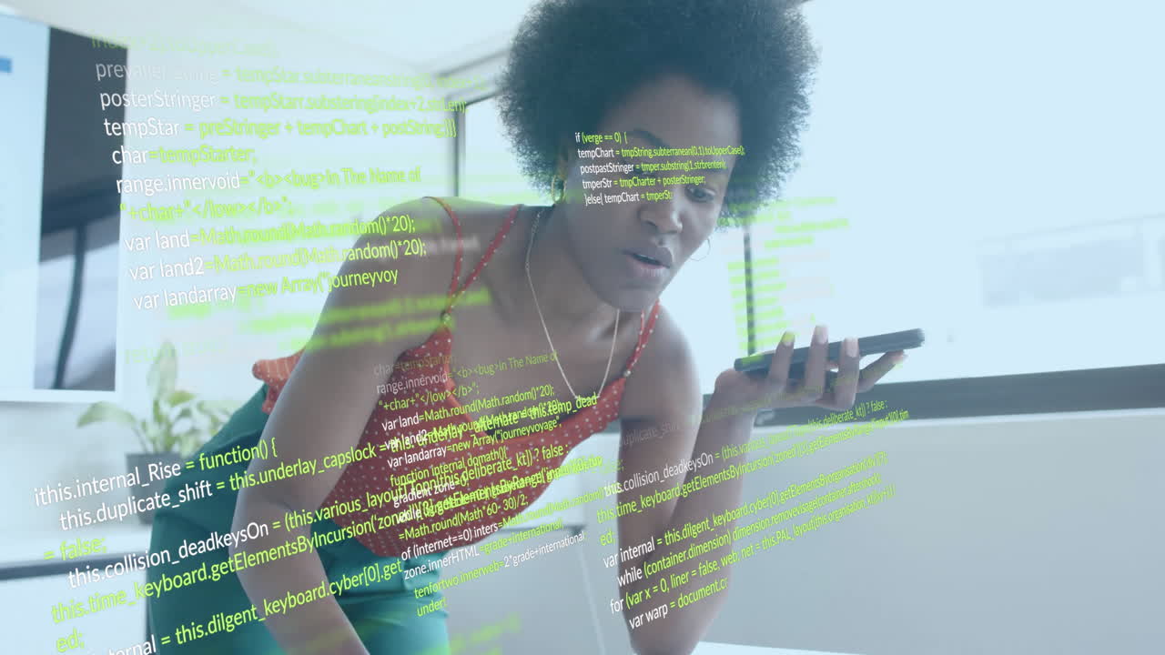 Animation of financial data processing over african american businesswoman working in office