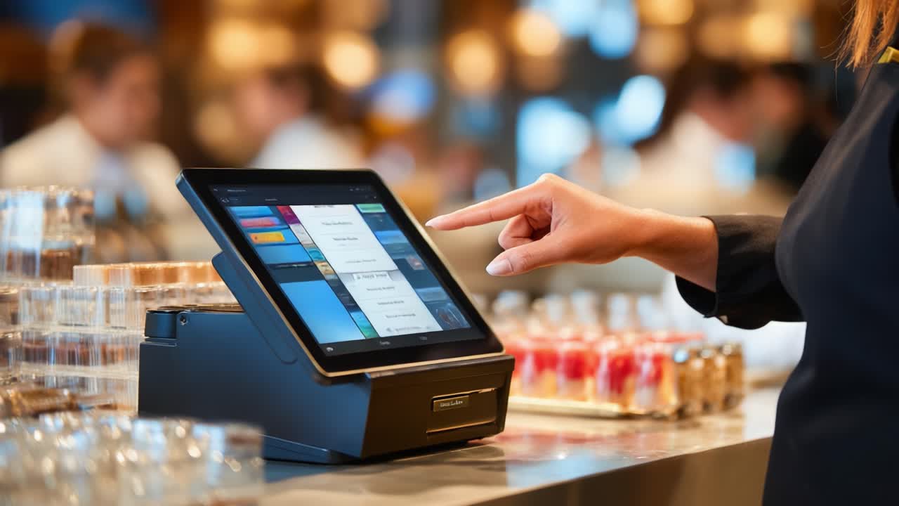 A User Interacting with a Touchscreen Payment Terminal in a Busy Café Setting, Illustrating the Integration of Technology in Modern Retail Environments and Customer Service Experience