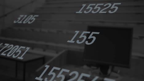 animation of multiple numbers changing over computer and empty university room
