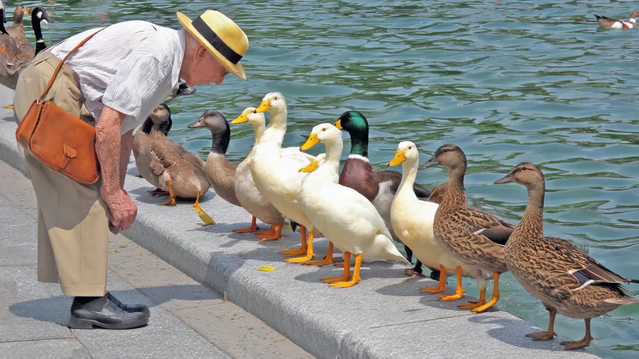 An Elderly Man Interacting with Ducks by the Water's Edge, Capturing a Moment of Connection and Curiosity in a Serene Outdoor Setting