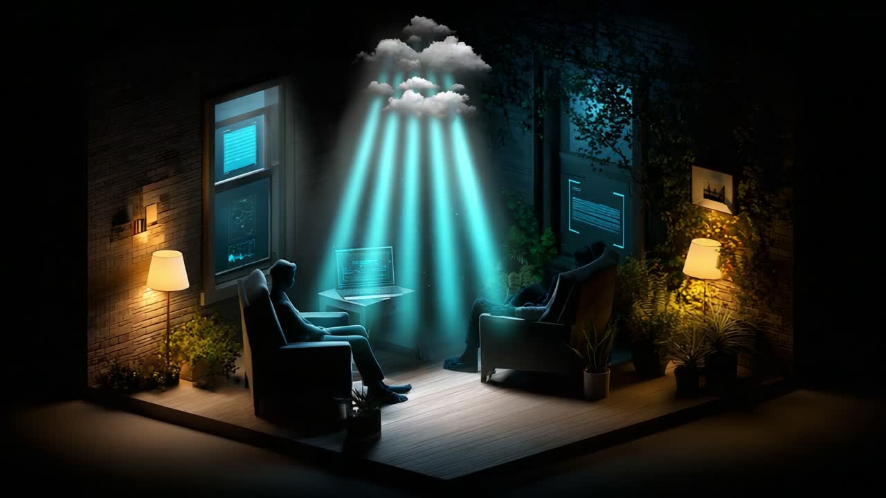 A Tranquil Scene in a Modern Room, Highlighting Technology and Nature, As Two Figures Sit in Armchairs Under Ethereal Clouds with Light Rays Streaming Through Windows