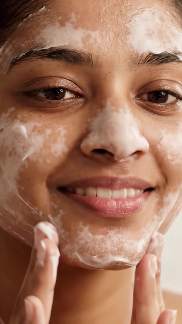 A Woman Enjoys a Refreshing Facial Cleanse, Demonstrating Skincare Techniques for Clean and Radiant Skin in Two Distinct Frames of a Vital Routine