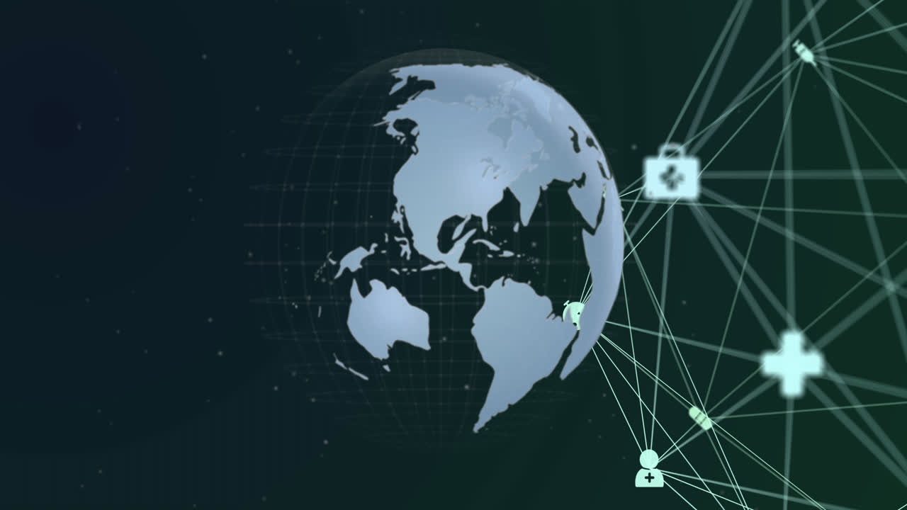 Animation of media icons and globe on black background