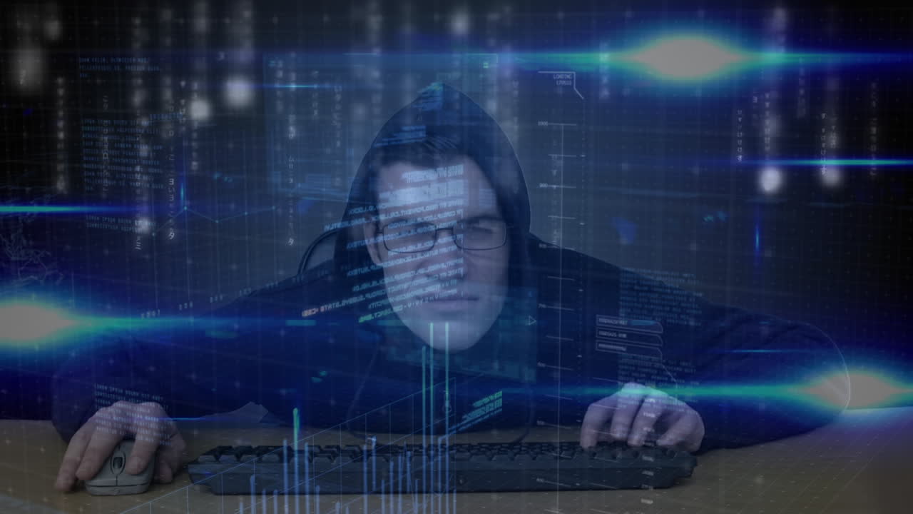 animación del procesamiento de datos sobre un hacker masculino caucásico que usa el teclado de la computadora