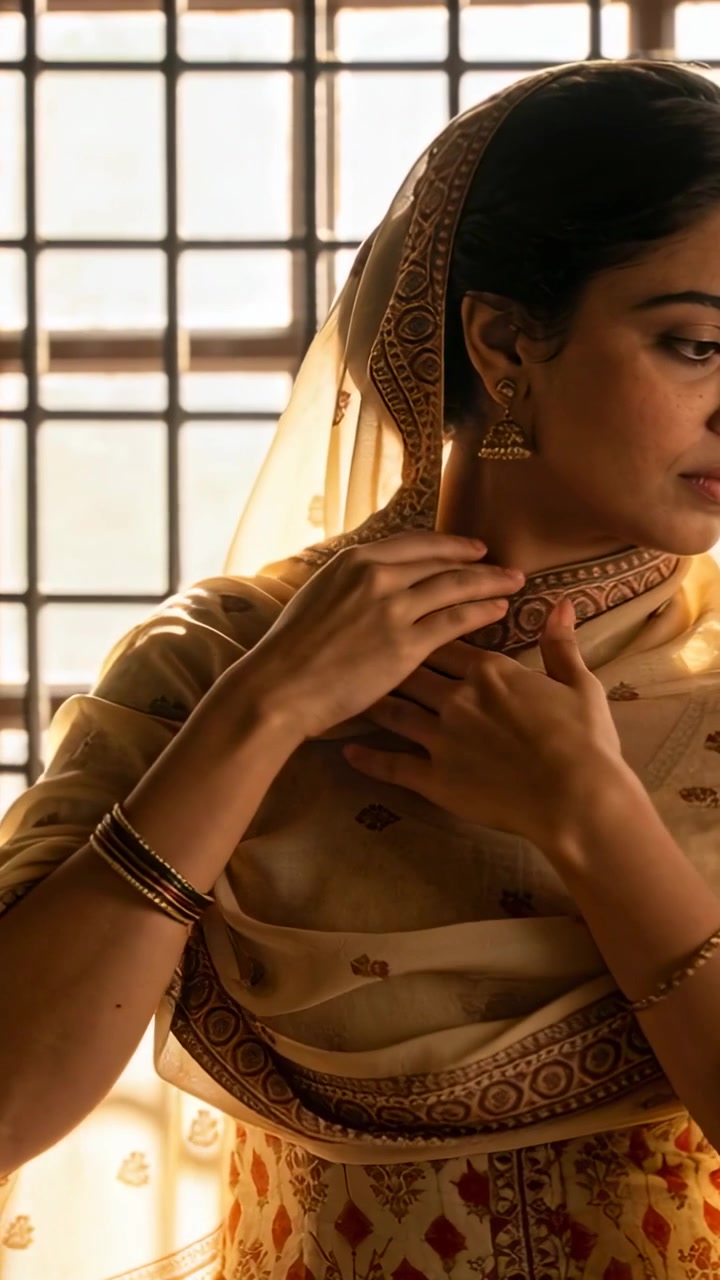 Video verticale: Donna sistema una dupatta trasparente mentre la luce solare filtra, aggiustando la collana davanti a una finestra a griglia.