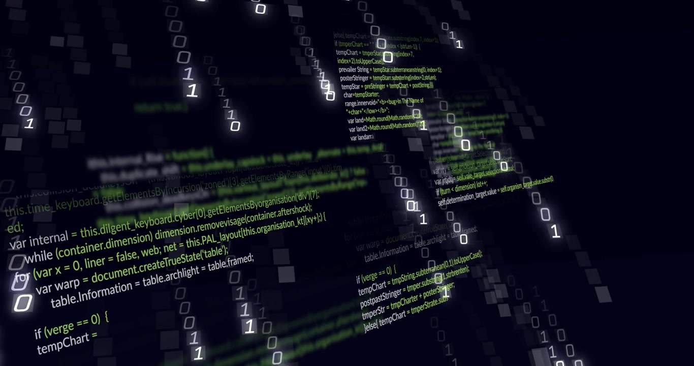 Vide noir initiant le glissement de panneaux de code, avec des chiffres binaires en cascade en 3D pour la visualisation de données.