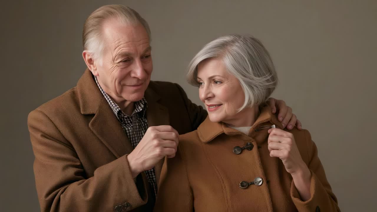 Adjusting man in checked shirt reaching, smoothing wife's coat in studio securing toggles on coats
