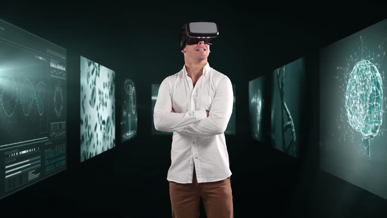 Animation of businessman wearing vr headset over screens with medical data processing