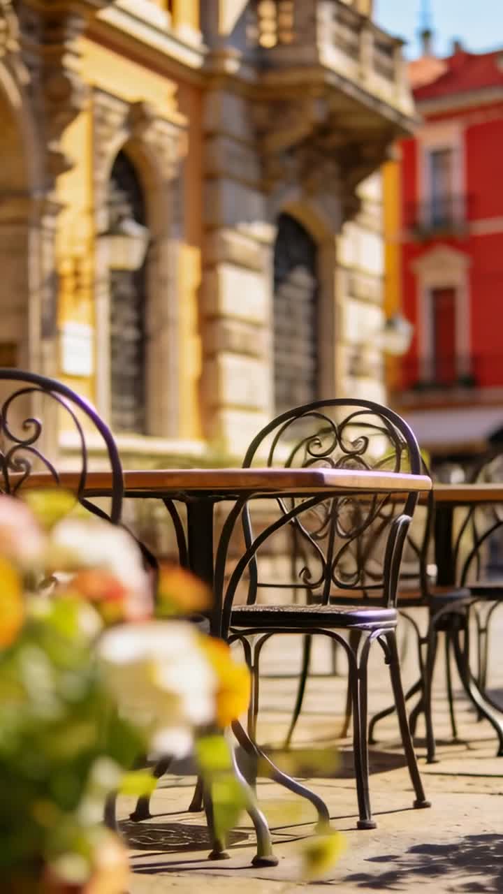 Video verticale: Telecamera che panoramica mostrando un tavolo di ferro vuoto apparecchiato in piazza, rivelando fiori e facciate.
